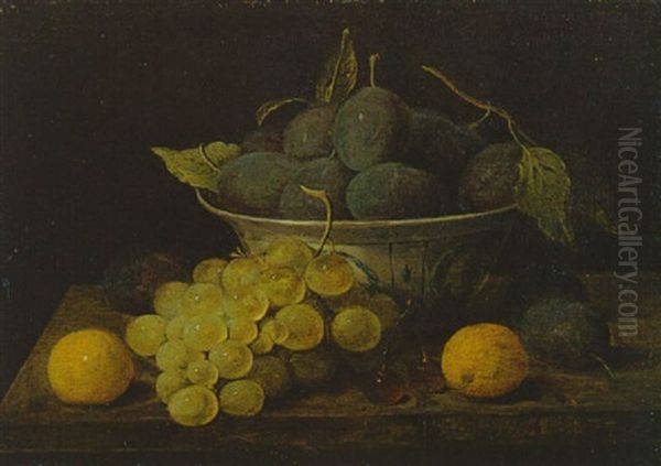 Fruchtestilleben Mit Pflaumen In Einer Fayenceschale, Trauben, Zitronen Und Kirschen Auf Einer Tischplatte Davor Oil Painting by Jacob van Hulsdonck