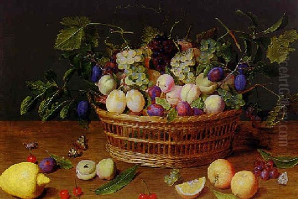 Still Life With A Basket Of Fruit On A Fruit Strewn Table With Two Butterflies And A Beetle Oil Painting by Jacob van Hulsdonck