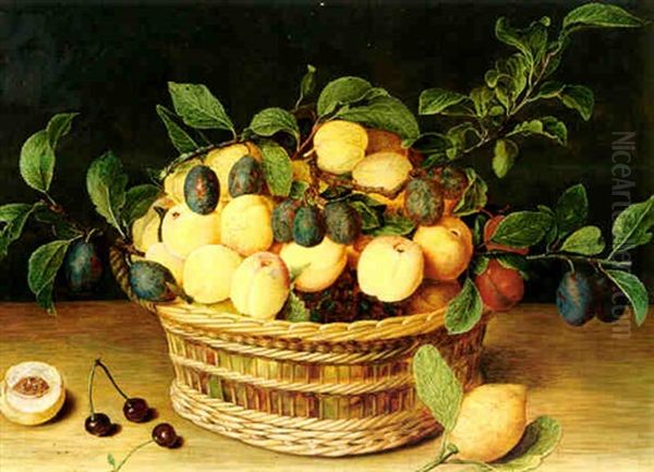 Still Life Of Fruit In A Woven Basket On A Ledge With A Lemon Oil Painting by Jacob van Hulsdonck