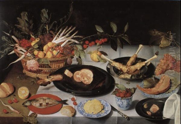 Still Life With Basket Of Fruit And Vegetables And Meat On Dishes Oil Painting by Jacob van Hulsdonck