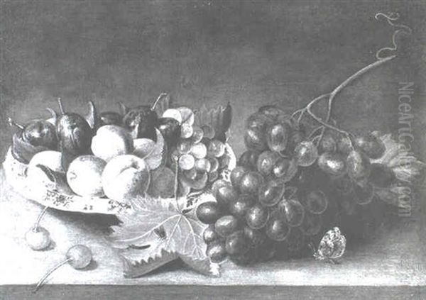 A Still Life Of A Bunch Of Grapes And A Wanli Bowl          Containing Plums And Peaches Oil Painting by Jacob van Hulsdonck