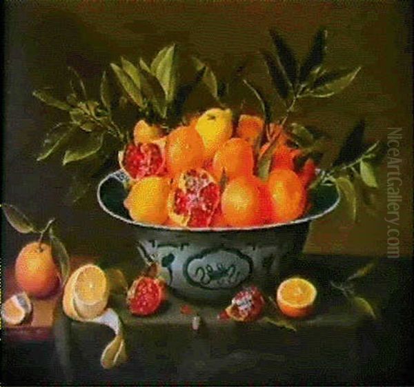 Citrons Et Grenades Dans Une Coupe De Porcelaine Oil Painting by Jacob van Hulsdonck