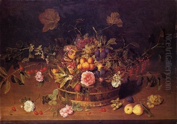 Corbeille De Fruits Et De Fleurs Posee Sur Un Entablement Oil Painting by Jacob van Hulsdonck