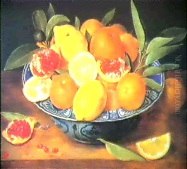 A Still Life Of Oranges, Lemons And Pomegranates In A Blue  And White Bowl Oil Painting by Jacob van Hulsdonck