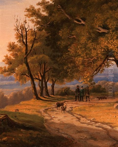 Romantische Mittelgebirgslandschaft Mit Eichengruppe Im Abendlicht Oil Painting by Joseph Huelser