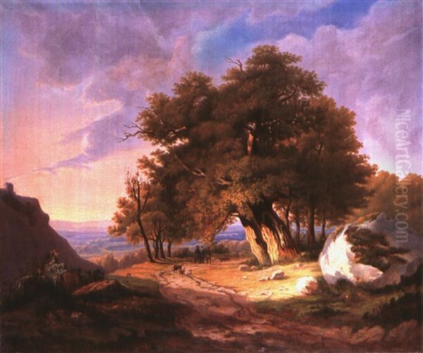 Romantische Mittelgebirgslandschaft Mit Grosser Eichengruppe Bei Sonnenuntergang by Joseph Huelser