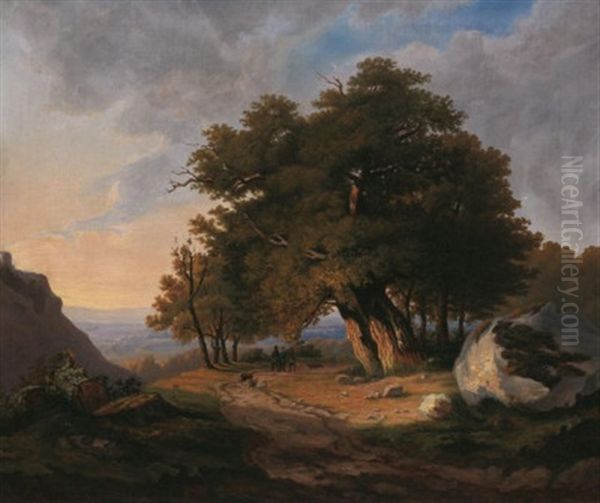 Romantische Mittelgebirgslandschaft Mit Groser Eichengruppe Im Abendlicht Oil Painting by Joseph Huelser