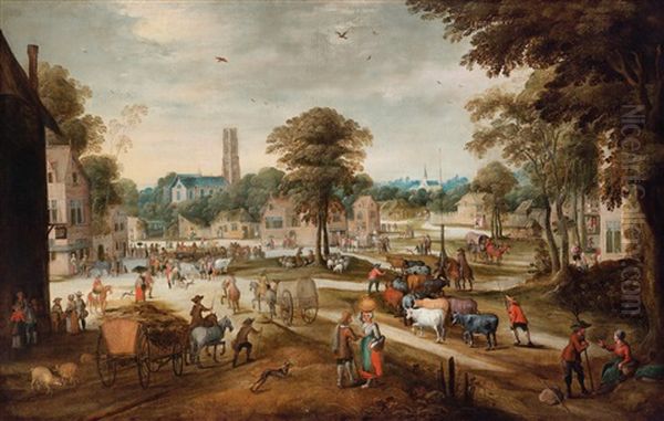 Eine Dorfansicht Mit Dorfbewohnern Oil Painting by Pieter van der Hulst the Elder