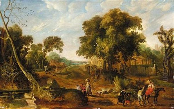 An Extensive Landscape With Many Figures Passing Through A Village Oil Painting by Pieter van der Hulst the Elder