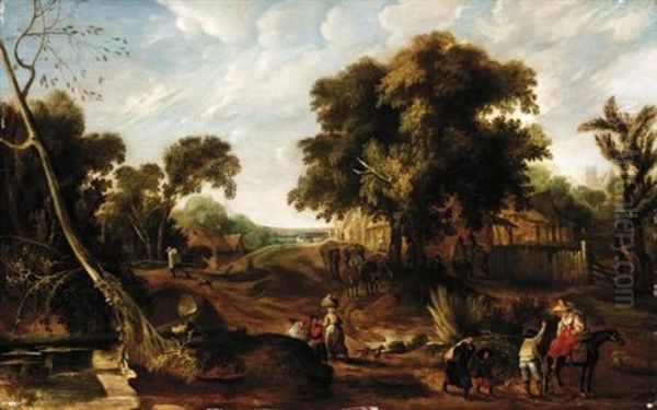 An Extensive Landscape With Many Figures Passing Through A Village Oil Painting by Pieter van der Hulst the Elder