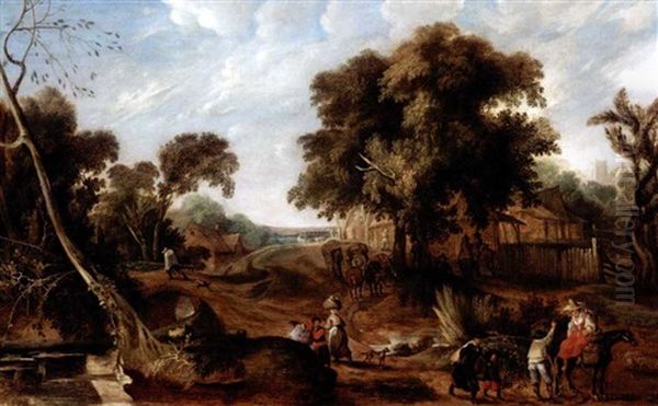 An Extensive Landscape With Many Figures Passing Through A Village Oil Painting by Pieter van der Hulst the Elder