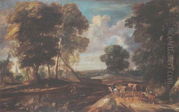 A Wooded Landscape With Travellers In Horse Drawn Wagons Oil Painting by Pieter van der Hulst the Elder