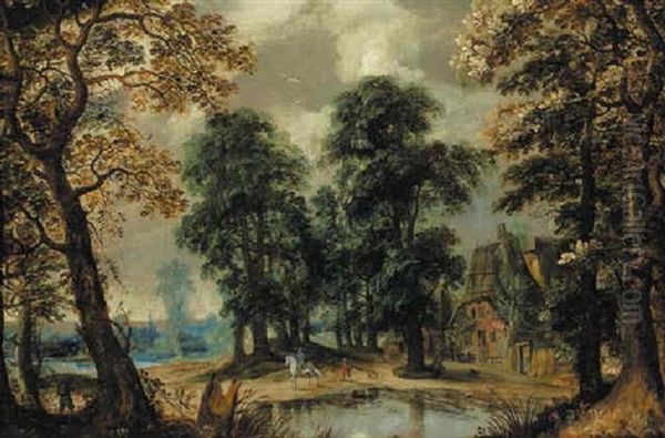 A Wooded Landscape With A Horseman Before A Cottage By A Pond Oil Painting by Pieter van der Hulst the Elder