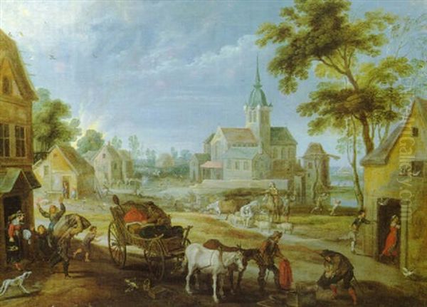 Flandrisches Dorf An Einem Flus Mit Bauern Und Plundernden Soldaten Oil Painting by Pieter van der Hulst the Elder