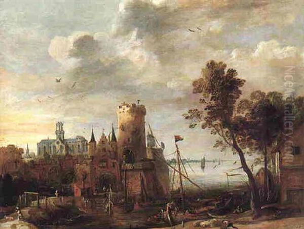 A Harbor Scene Before A Town Oil Painting by Pieter van der Hulst the Elder