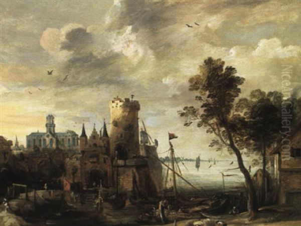 Harbour By A Town With Figures Loading A Sailboat Oil Painting by Pieter van der Hulst the Elder