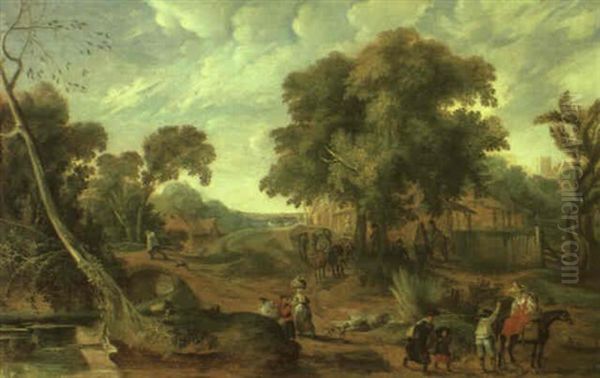 Rural Landscape With A Farmer And Other Figures Carrying Bundles Oil Painting by Pieter van der Hulst the Elder