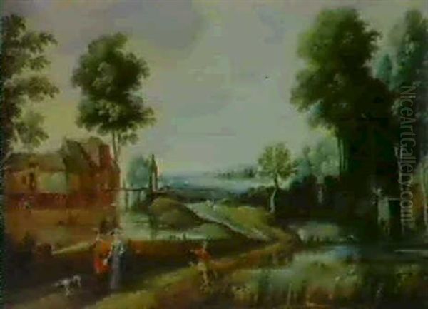 Flusslandschaft Mit Einem Bauernhaus, Und Einem Vornehmen   Paar Einen Angler Grussend by Pieter van der Hulst the Elder