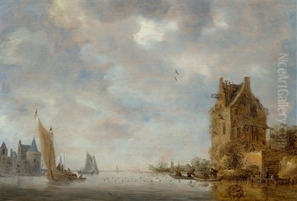 River Scene With Sailing Boats And Houses Oil Painting by Frans de Hulst