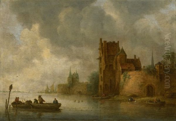 A River Landscape With A Castle And Fishing Boats In The Foreground Oil Painting by Frans de Hulst