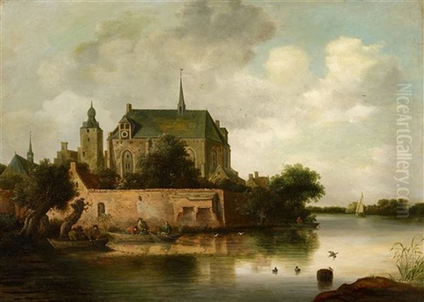 River Landscape With A Boat Oil Painting by Frans de Hulst