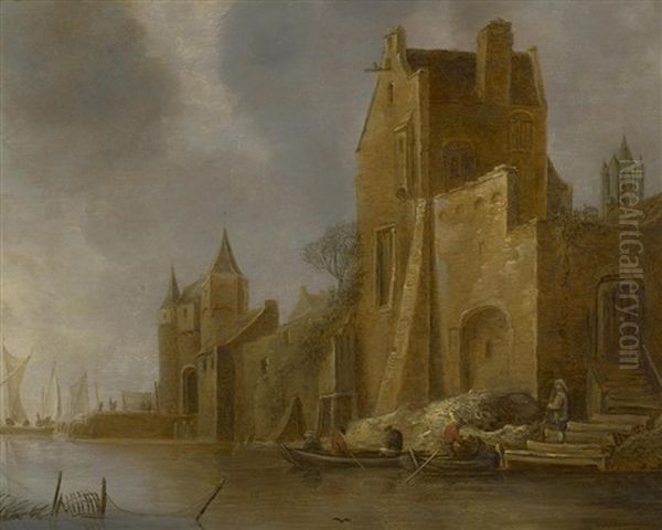 A River Scene With Buildings Oil Painting by Frans de Hulst