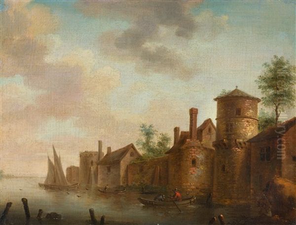 Flusslandschaft Mit Einem Rundturm Und Hausern Am Ufer Oil Painting by Frans de Hulst