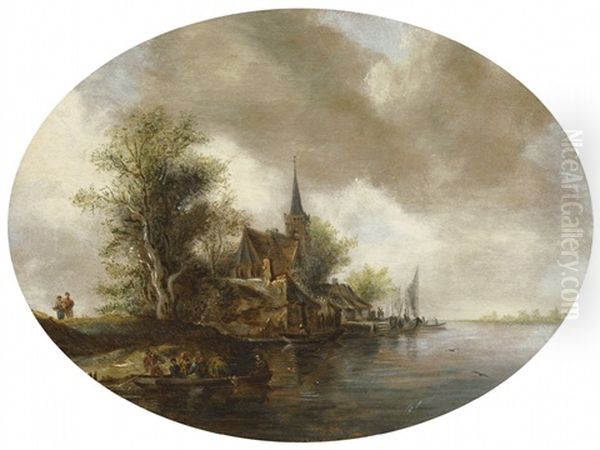 River Landscape With Church And Ferry Boat Oil Painting by Frans de Hulst