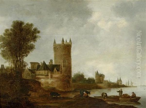 Flusslandschaft Mit Fischern Vor Einer Befestigten Stadt Oil Painting by Frans de Hulst