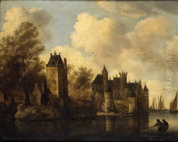 Ville Fortifiee En Bord De Fleuve, Animee De Personnages Oil Painting by Frans de Hulst