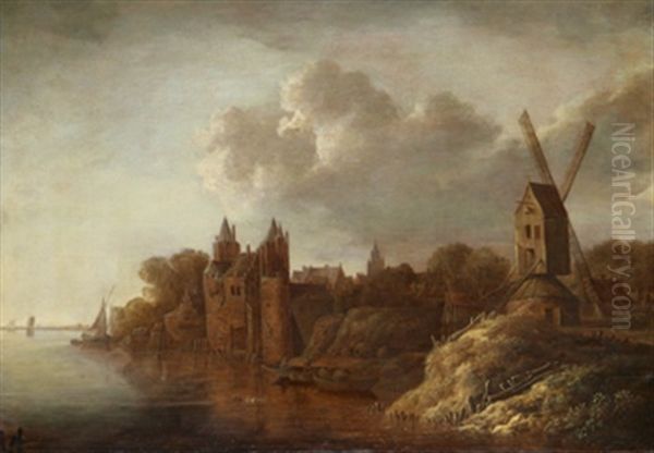 Kustlandskap Med Stadsbebyggelse Och Vaderkvarn Oil Painting by Frans de Hulst