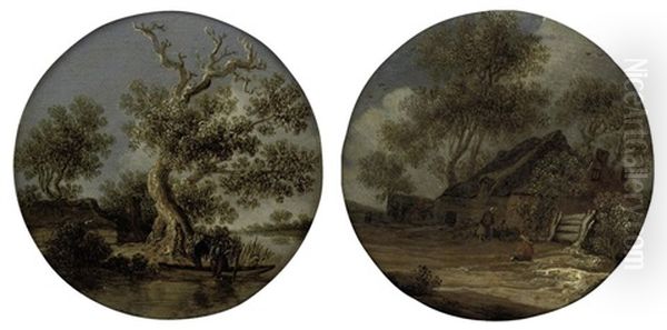 A River Landscape With Two Fishermen In A Boat (+ A Wooded Landscape With Figures Outside A Farmstead; Pair) Oil Painting by Frans de Hulst