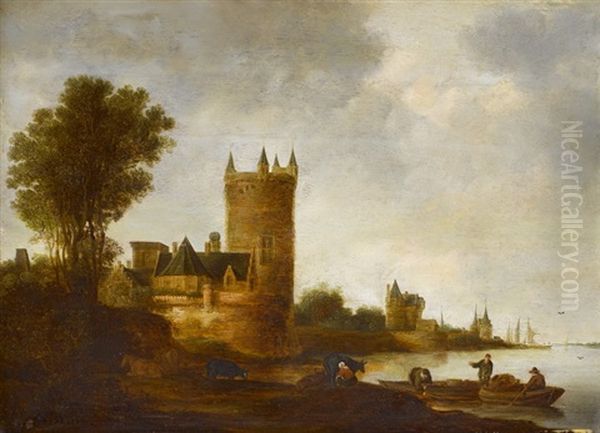 Flusslandschaft Vor Einer Kleinen Stadt Mit Fischern by Frans de Hulst