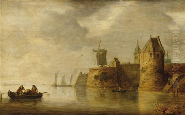 Flussmundung Mit Windmuhle Und Fischerbooten Oil Painting by Frans de Hulst