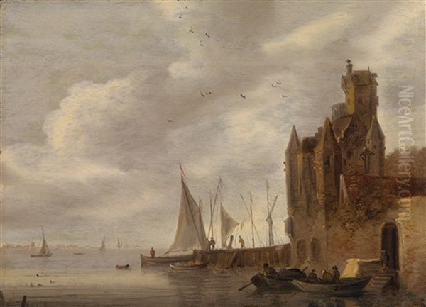 Fischer Vor Einem Kastell Am Flussufer Oil Painting by Frans de Hulst