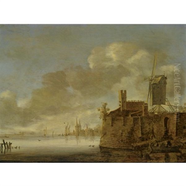 River Landscape With A Fortified Town, A Windmill On The Right Bank, And A Rowing Boat With Figures In The Foreground Oil Painting by Frans de Hulst