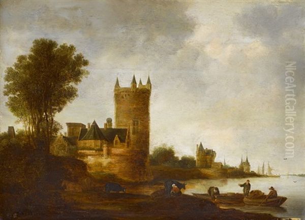 Flusslandschaft Vor Einer Kleinen Stadt Mit Fischern Oil Painting by Frans de Hulst