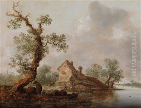 Ein Haus Am Ufer Eines Flusses Mit Einem Ruderkahn Oil Painting by Frans de Hulst