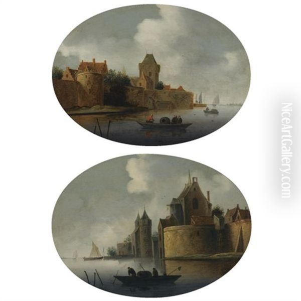 A River Estuary With A Fortified Village On The Left Bank (+ A Fortified Town By A River With Fishermen Hauling In Their Nets; Pair) Oil Painting by Frans de Hulst