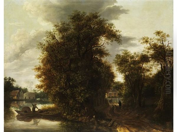 Abendliche Baumlandschaft Mit Fluss Und Gebaude Im Hintergrund Oil Painting by Frans de Hulst