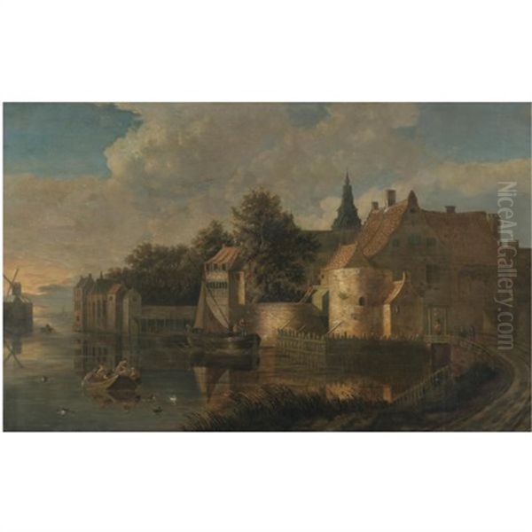 A River Landcape With Figures In Boats Before A Fortified Town by Frans de Hulst