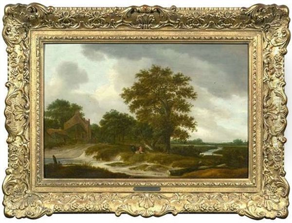 Ausgedehnte Dunenlandschaft Mit Rastenden Bauern Vor Einem Weiler, Rechts Im Hintergrund Angler An Einem Bach Oil Painting by Frans de Hulst