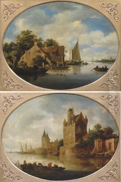 A River Landscape With A Boathouse With Fishermen Unloading A Sailing Vessel (+ A Fortified Town By A River With Fishermen Bringing In Their Nets; Pair) Oil Painting by Frans de Hulst