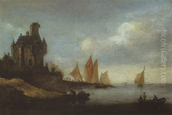 Schloss Mit Eckturmchen Und Bootssteg Am Linken Ufer Eines Flusses Oil Painting by Frans de Hulst