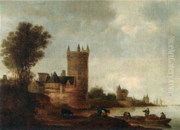 A River Landscape With Travellers In Boats, A Fortified Town Nearby Oil Painting by Frans de Hulst