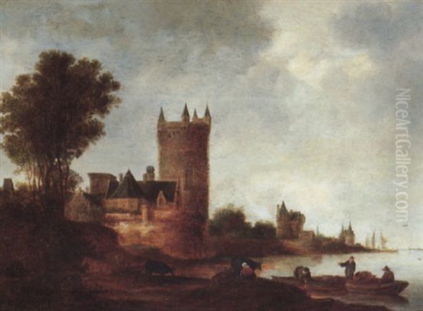 River Landscape With A Dutch Town, With Fisherman In Their Boats And A Maid Milking A Cow Nearby Oil Painting by Frans de Hulst