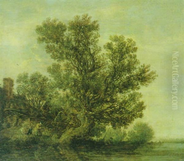 Flusslandschaft Mit Knorriger Eiche Am Linken Ufer Und Fischerboot Oil Painting by Frans de Hulst