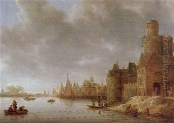 Stadt An Einem Flus Mit Booten Und Angelrn Oil Painting by Frans de Hulst