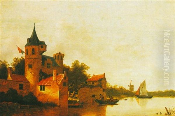 A River Estuary By A Fortified Town With Boats Oil Painting by Frans de Hulst