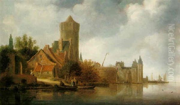 A View Of An Estuary With Figures In A Boat And A Town Beyond Oil Painting by Frans de Hulst